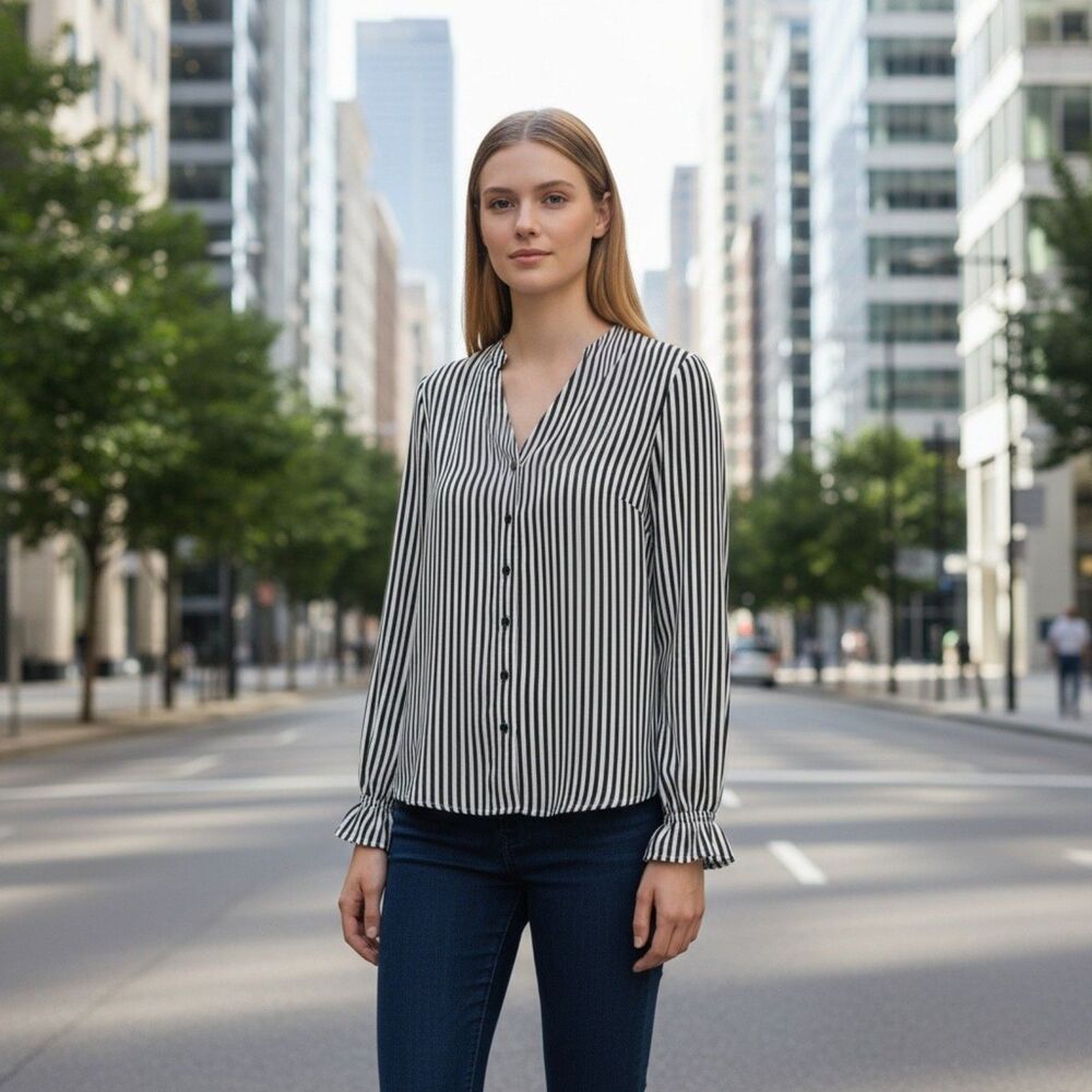 Tahari Navy & White Vertical Striped Split V-Neck Blouse Size Small